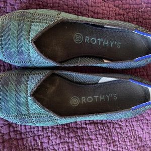 Rothy's flats, round toe. Green with navy plaid stripes.